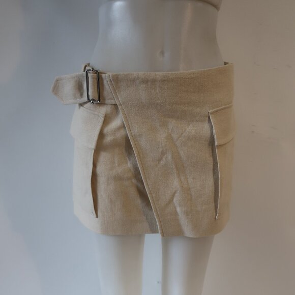 Womens A.L.C. Conan Tan Linen Cotton Blend Oversized Pockets Wrap Mini Skirt 4 - Picture 6 of 9